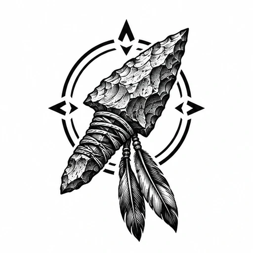 Black and white arrowhead wrapped in cord with two feathers hanging, set against a structured geometric circle with arrow-like points.