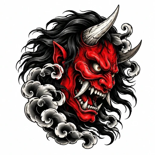 Illustration of a red Oni demon head with sharp fangs, large horns, wild black hair, and swirling gray smoke.