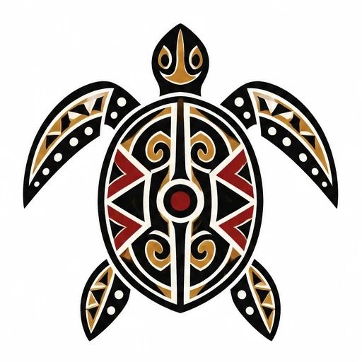 Taino-style tribal turtle tattoo design in black, red, and beige geometric shapes