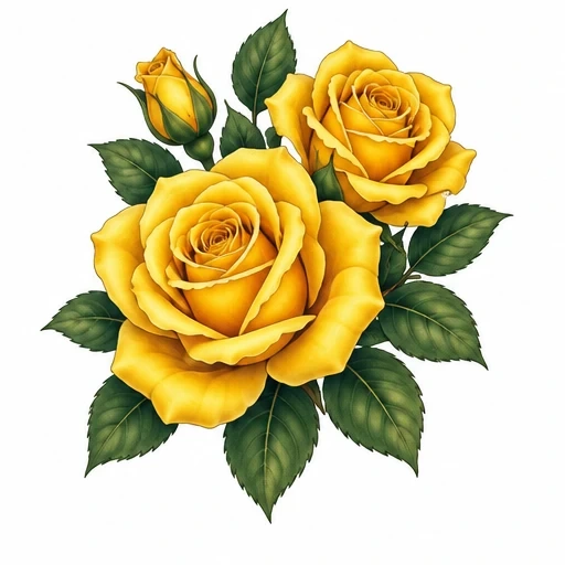 Yellow rose tattoo design with two open blooms, a rosebud, and green leaves