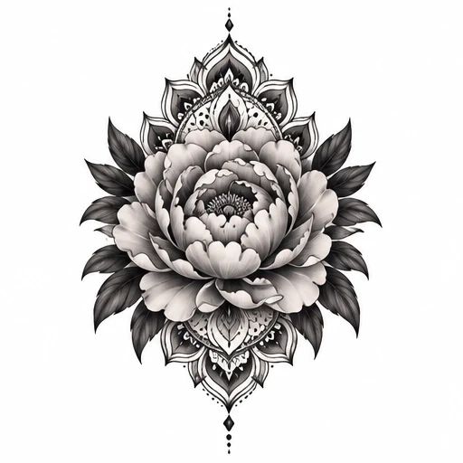 Black and gray peony flower with detailed leaves and ornamental mandala frame tattoo design.