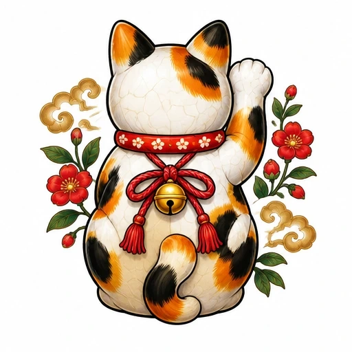 Maneki-neko cat with raised paw, red floral collar, surrounded by red flowers and golden clouds