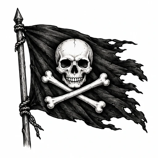 Black pirate flag with a skull and crossed bones, torn edges waving on a wooden pole
