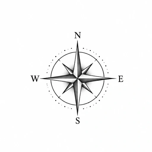 Black and grey shaded minimalist compass rose with cardinal points and dotted circle