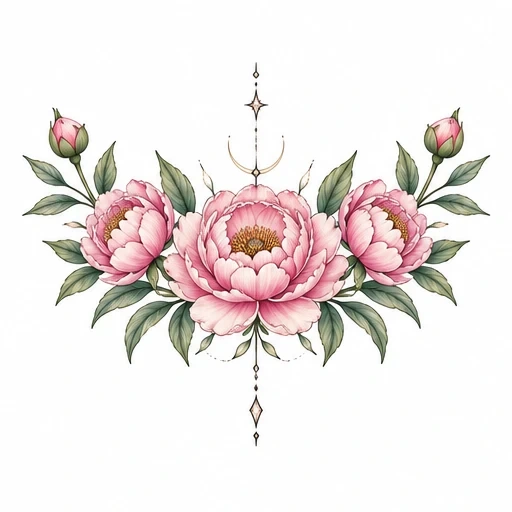 Pink peony chest tattoo design with three flowers, green leaves, and decorative linework