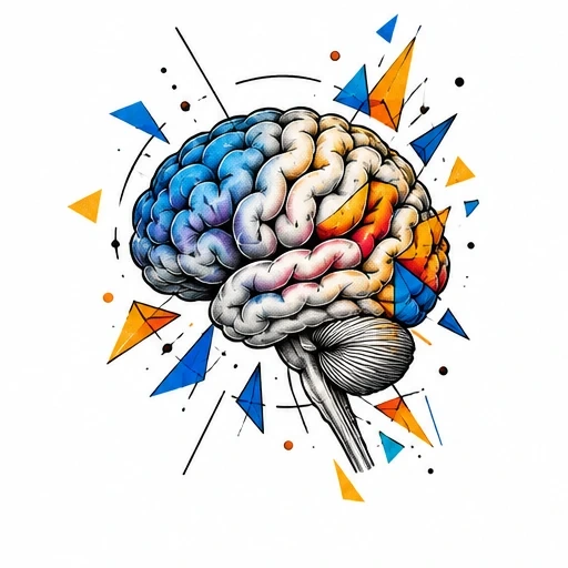 Anatomical brain tattoo design with blue and orange geometric shapes