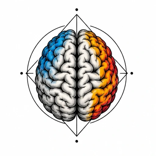 Symmetric human brain with blue left side and orange-red right side, outlined by geometric circular and diamond shapes