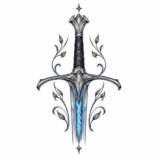 Decorative Narsil sword with glowing blue runes and leafy vine embellishments