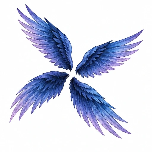 Four blue and purple angel wings arranged symmetrically in a cross shape with detailed feathers