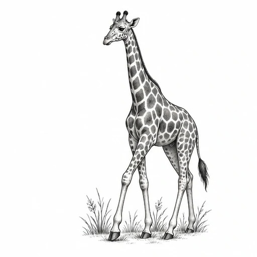 Black and white detailed giraffe walking forward with grass beneath