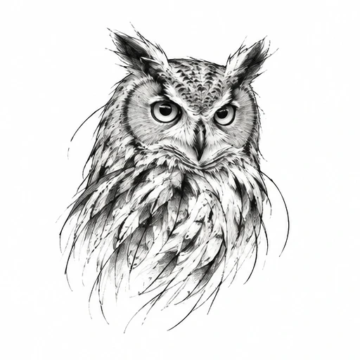 Black and white drawing of an owl head with detailed feathers and striking eyes