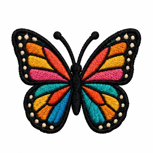 Colorful embroidered butterfly patch tattoo with black outlines and bright orange, yellow, pink, teal, and blue wing sections