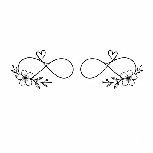 Pair of mirrored infinity symbols with hearts and floral accents in black line art
