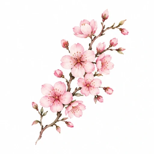Pink cherry blossom flowers and buds on a slender brown branch in watercolor style
