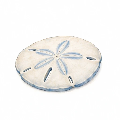 Illustration of a flat sand dollar with blue shading and intricate petal-shaped markings on white background