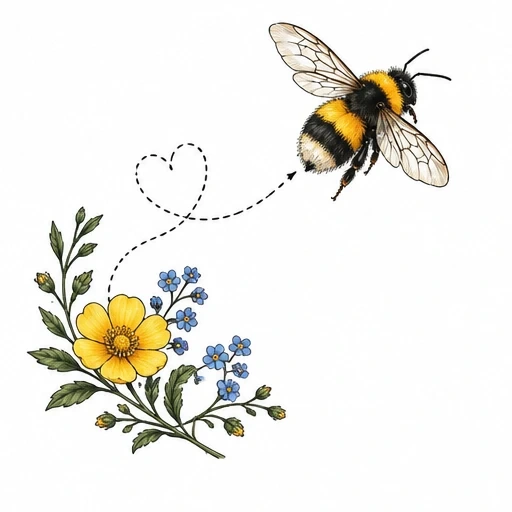 Colorful bumblebee flying near yellow and blue flowers with a heart-shaped flight path in dotted line.