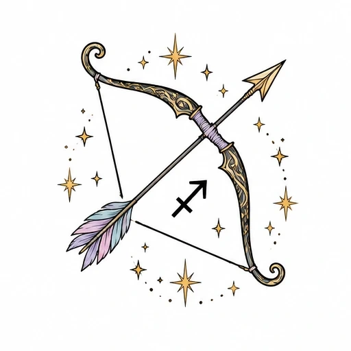 Sagittarius zodiac bow and arrow with gold filigree, pastel feathers, and surrounding stars.