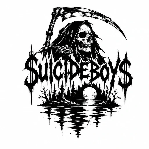Black and white grim reaper tattoo design with scythe, stylized SUICIDEBOYS text, and mirrored forest with full moon reflected on water