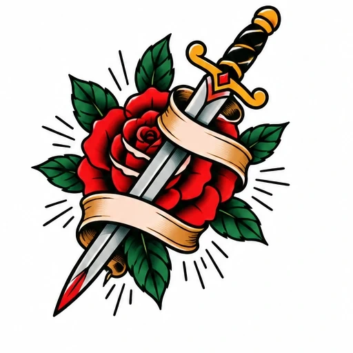 Traditional tattoo design of a dagger piercing a red rose wrapped in a blank banner with green leaves and black radial lines