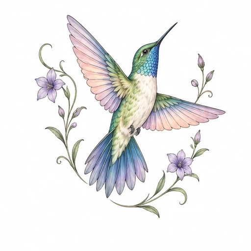 Pastel hummingbird flying among delicate lavender flowers and leafy vines