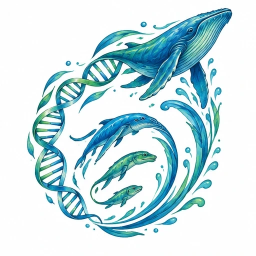 Whale evolution stages and DNA helix twisting in water swirl