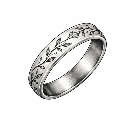 Drawing of a circular wedding ring tattoo featuring a leafy vine pattern wrapping around the band