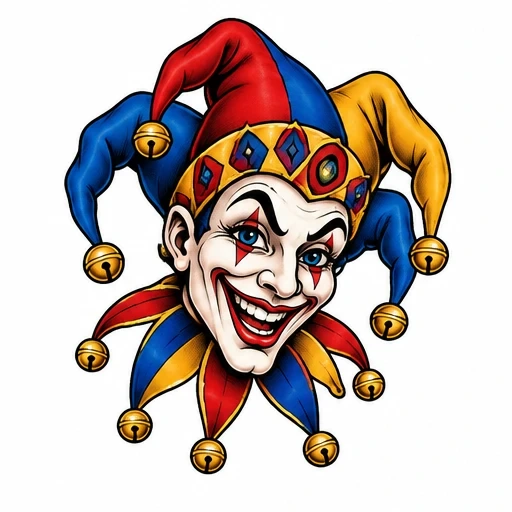 Illustration of a smiling jester head wearing a red, blue, and yellow hat and collar with golden bells