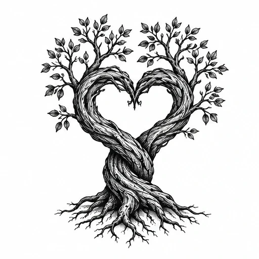 Black ink tattoo design of two intertwined trees forming a heart shape with detailed trunks, branches, and leaves.