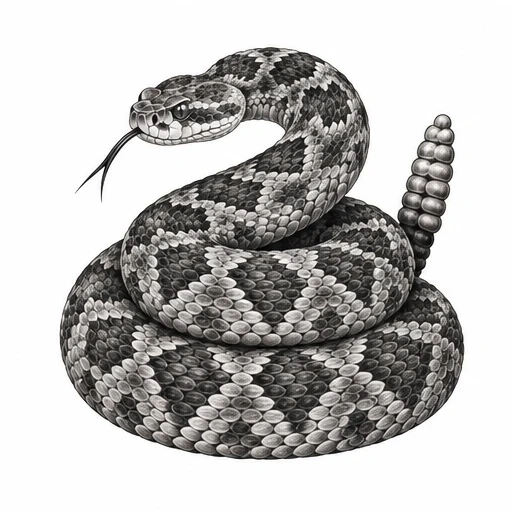 Black and gray detailed drawing of a coiled rattlesnake with raised head and segmented rattle