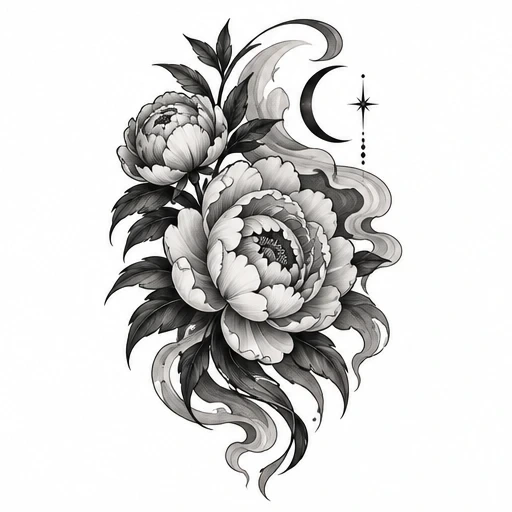 Black and gray peony flowers with leaves, crescent moon, star, and swirling smoke design.