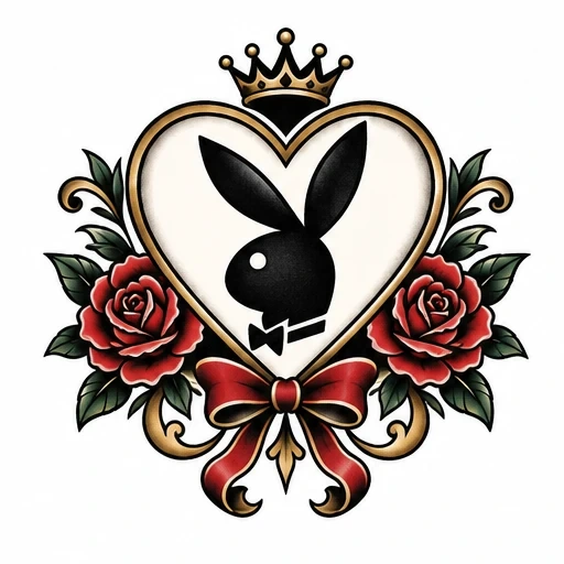 Black Playboy bunny silhouette inside a gold heart with crown, red roses, and a red bow