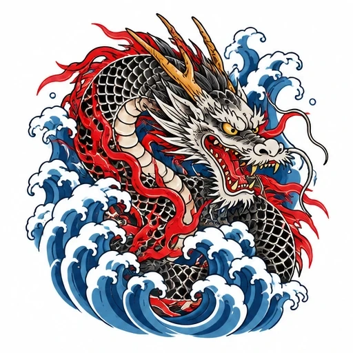 Japanese dragon with black scales and red flames surrounded by blue ocean waves
