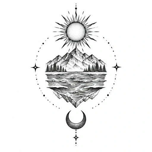 Black ink tattoo design of sun above mountain range, water waves, inverted mountains reflection, and crescent moon with stars