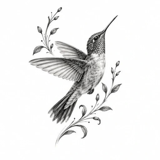 Black and grey micro-realism tattoo of a hovering hummingbird surrounded by botanical sprigs with buds and leaves.