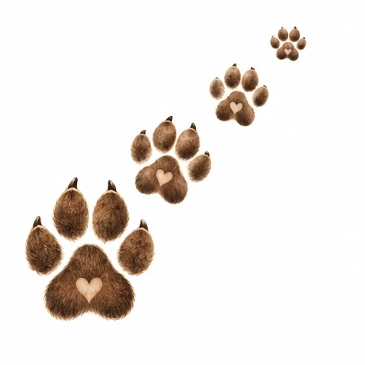 Four brown furry dog paw prints with black claws and heart shapes on the main pads, arranged diagonally on white background.