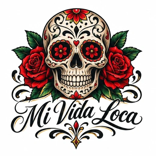 Sugar skull tattoo design with red roses and floral patterns, surrounded by calligraphy 'Mi Vida Loca'