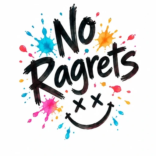 No Ragrets phrase in bold black brush strokes with colorful paint splatters and a smiley face