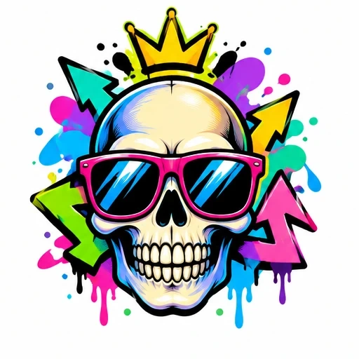 Skull wearing bright pink sunglasses with a yellow crown, surrounded by colorful arrows and paint splashes with dripping effects