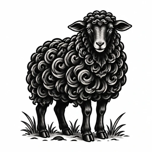Black sheep tattoo design with detailed swirling wool and shaded face