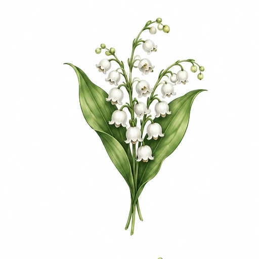 Lily of the valley flower tattoo design with green leaves and white bell-shaped blossoms