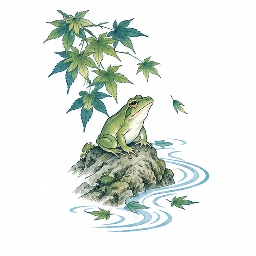 Green frog sitting on a mossy rock with green maple leaves and flowing water around it