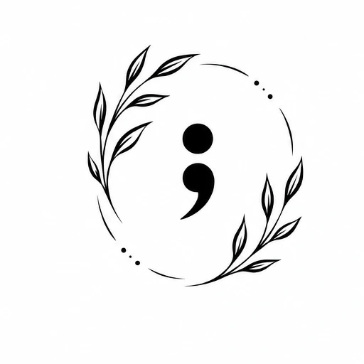 Black semicolon symbol surrounded by a partial circular wreath of elegant leaves and dots in fine linework style.