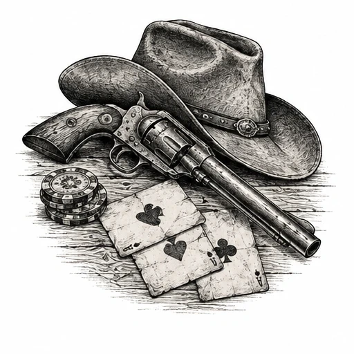 Black and white drawing of cowboy hat, vintage revolver, playing cards, and poker chips on a wooden surface