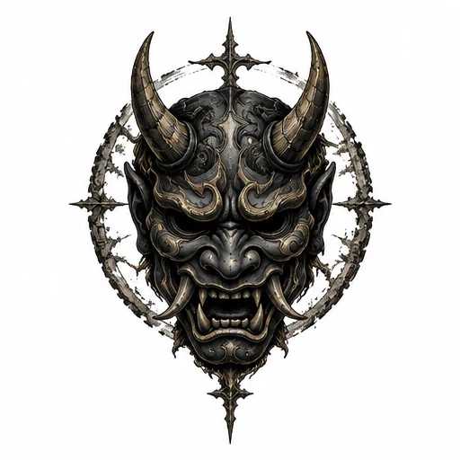 Oni demon mask with two large horns and tusks surrounded by a spiked circular halo