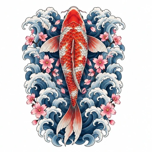 Japanese tattoo design of red and white koi fish swimming in blue waves with pink cherry blossoms