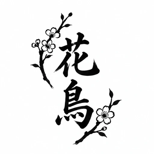 Black kanji characters with cherry blossom branches on white background