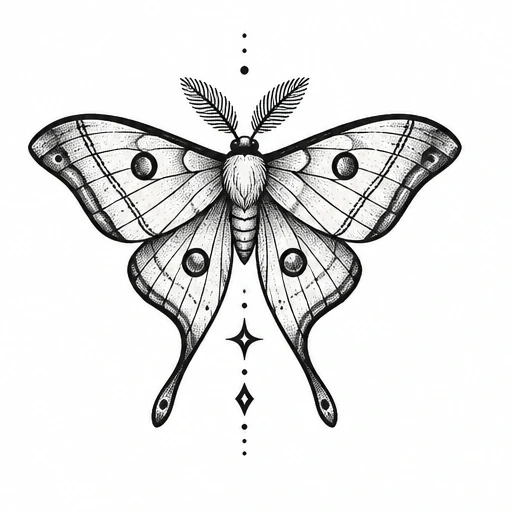 Black and white detailed moth tattoo design with symmetrical wings, circular spots, feathered antennae, and geometric dots and diamond shapes below.