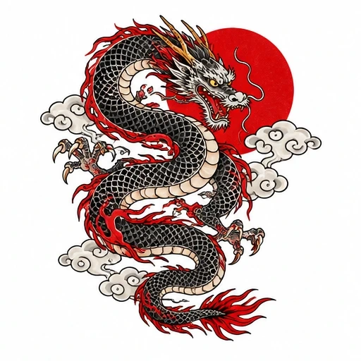 Japanese dragon with black scales, red flames, yellow eyes, red sun, and gray clouds.