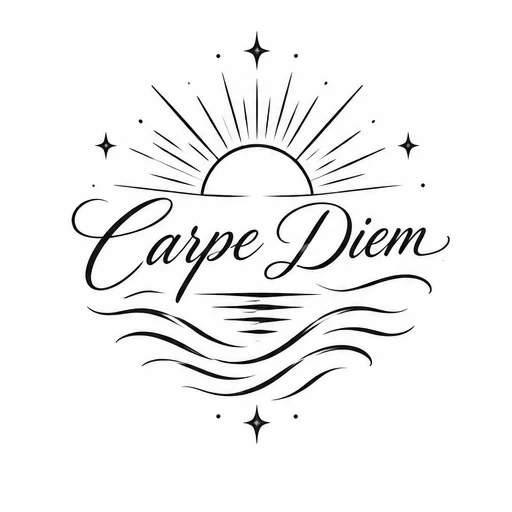 Carpe Diem in elegant script with rising sun, rays, stars, and wavy water lines in black ink