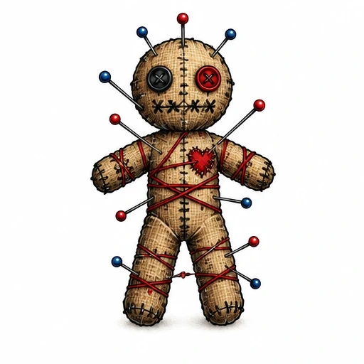 Voodoo doll made of burlap with stitched mouth, button eyes, red string heart, and red and blue pins.